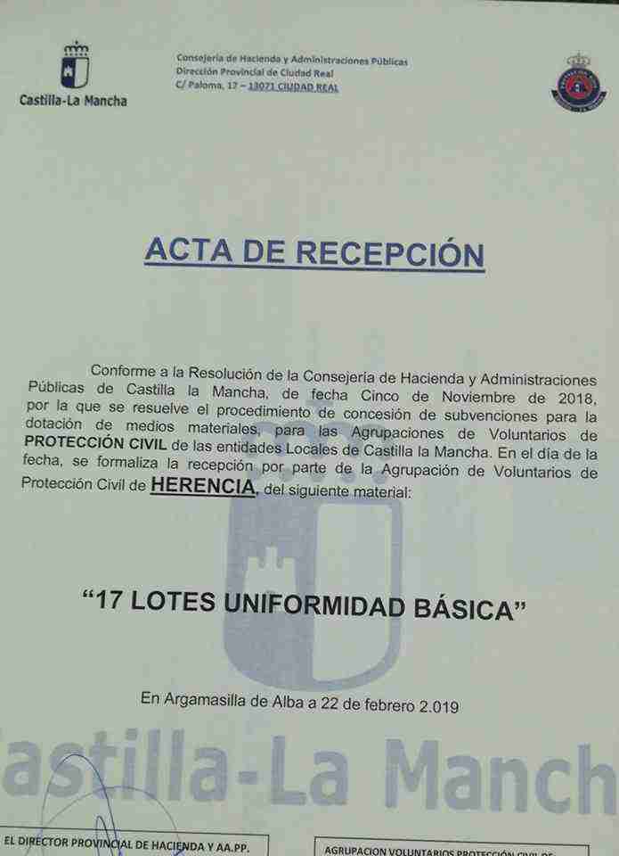 Acta de Recepción en Entrega de material subvencionado para Protección Civil